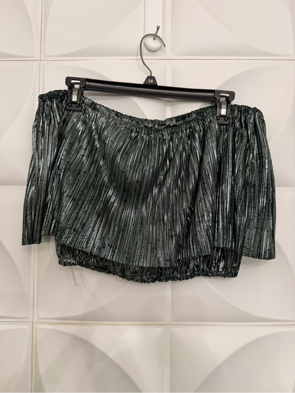 Metallic Green Off-Shoulder Pleated Crop Top
